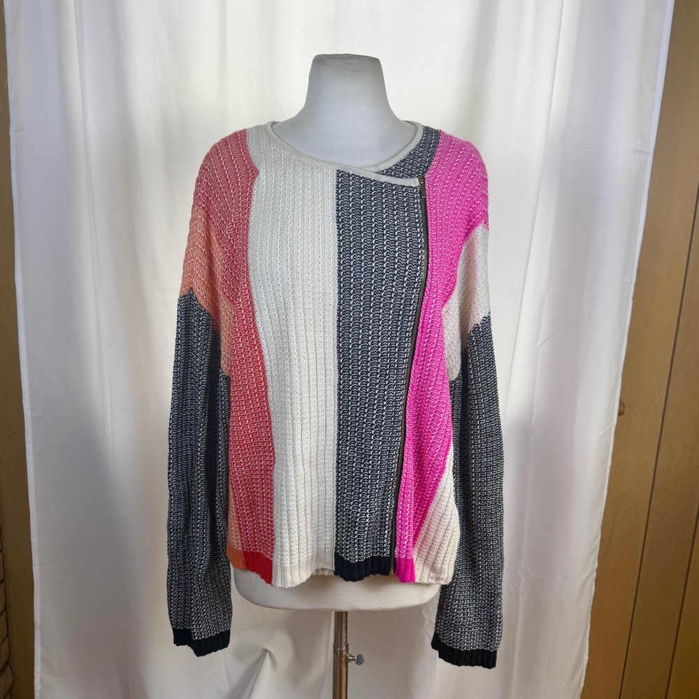 St. John Wool Blend Striped Asymmetric Zip Cardigan Womens Large Luxury Soft